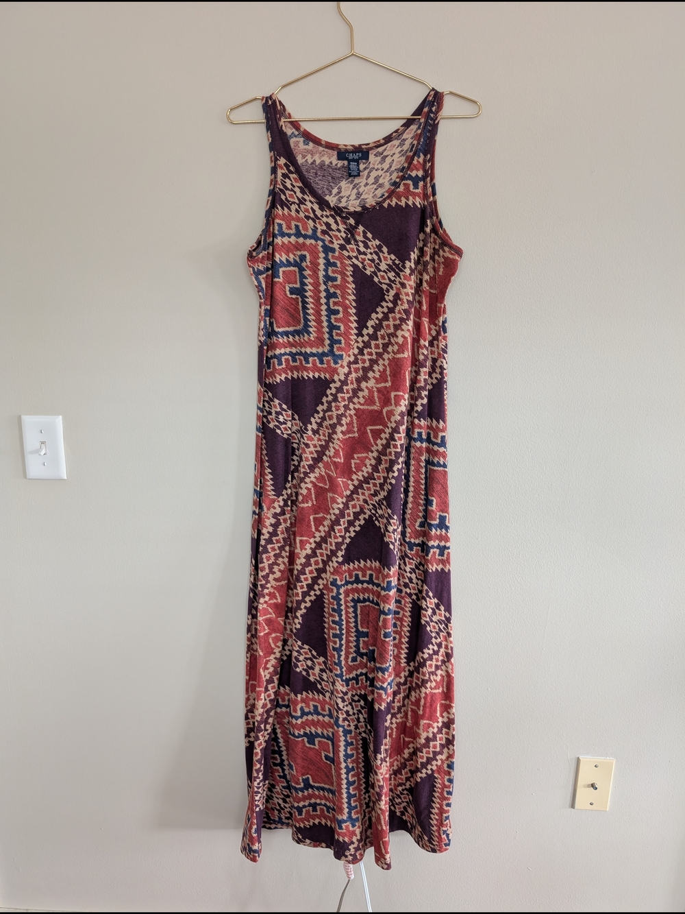 Chaps Sleeveless Maxi Dress in Burgundy, Rust & Teal Geometric Print